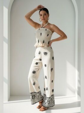 285. Petra Cream Floral Print Wide-Leg Pants and Halter top 2PC set